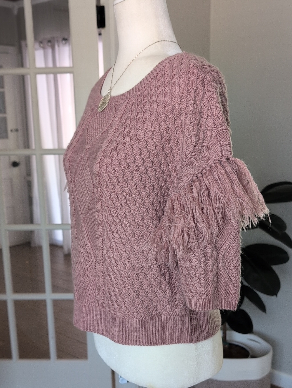 BB Dakota madden Fringe Out Dusty Rose Cable Knit Short Sleeve Sleeve Sweater L - Picture 5 of 10